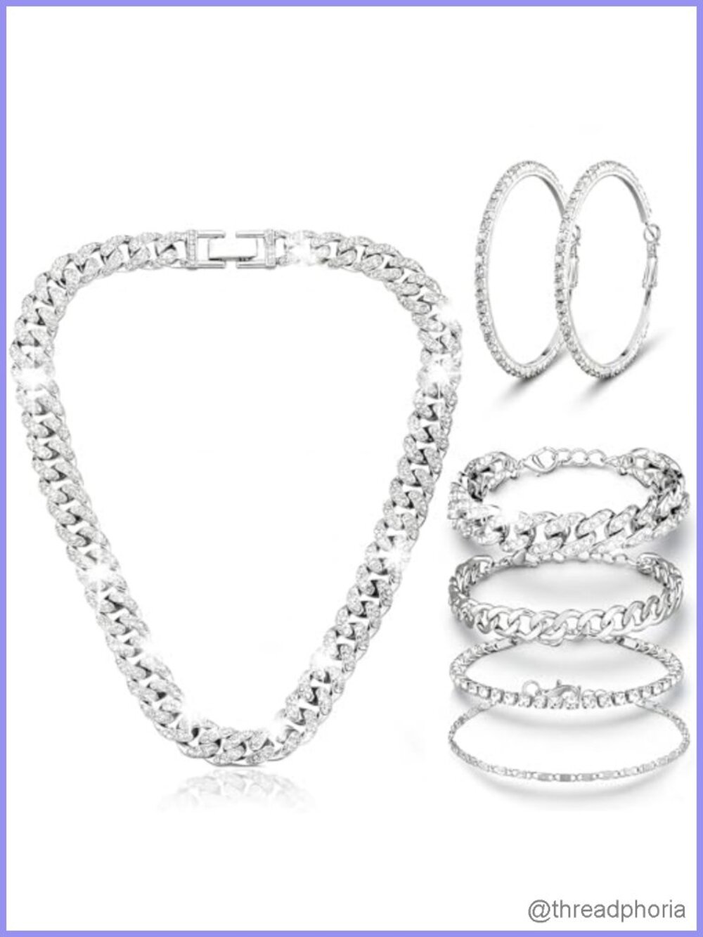 Silver Cuban Link Chain Jewelry Set, Rhinestone Bracelets & Hoop Earrings